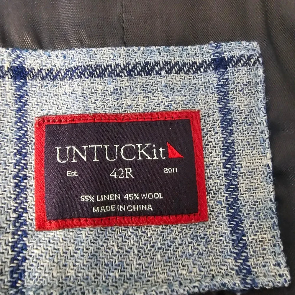 UNTUCKit Bierzo Blazer 42R Blue Windowpane Linen Wool Lanificio F.G Italy Luxury